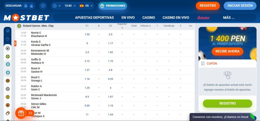 mostbet bono para tenis