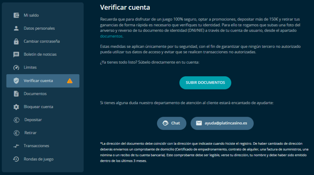 verificar cuenta  platincasino