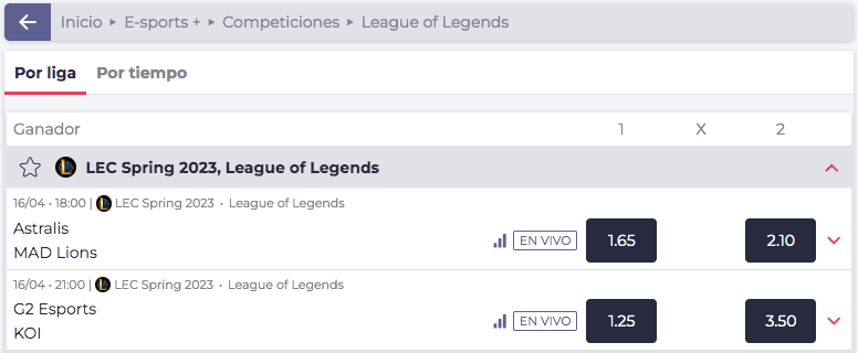 LEC de League of Legends - Apostar en la clasificación de playoffs en Gran Madrid Casino Online