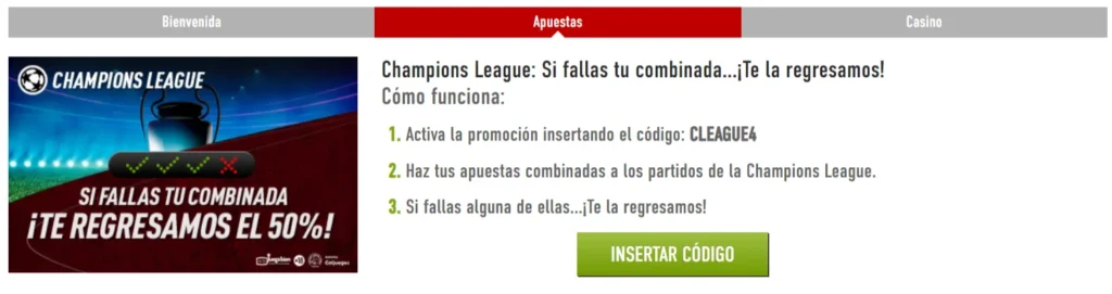 sportium champions league 50%