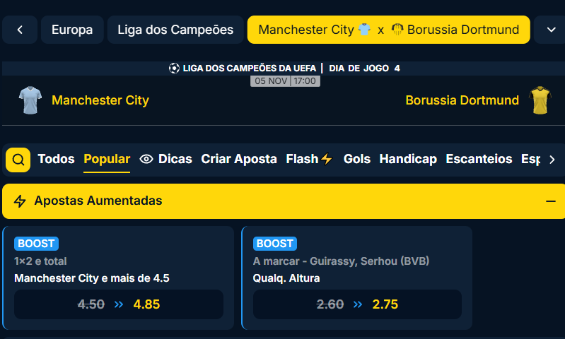 estrelabet apostas aumentadas manchester dortmund