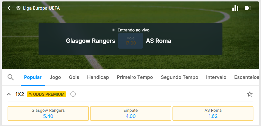 rivalo odds premium rangers roma