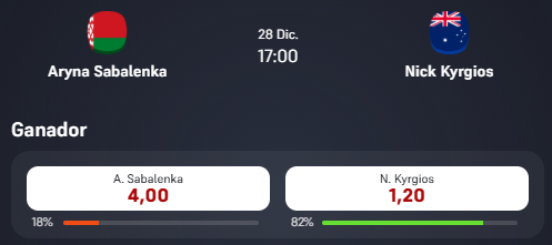 apuestas sabalenka - kyrgios