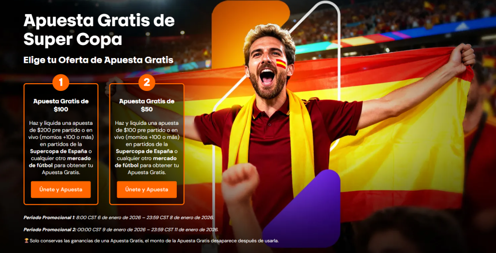 Banner de la promoción de Betsson para la Supercopa de España: gana una Apuesta Gratis de hasta $100 MXN al apostar en fútbol.