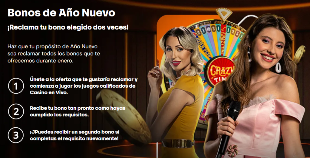 Ruleta de Crazy Time y promoción de doble bono de año nuevo en Betsson México.