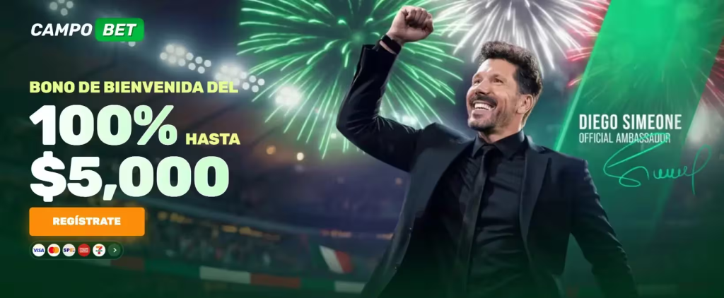 Pantalla de inicio de CampoBet México resaltando el bono de bienvenida del 100% hasta $5,000 pesos para nuevos usuarios.