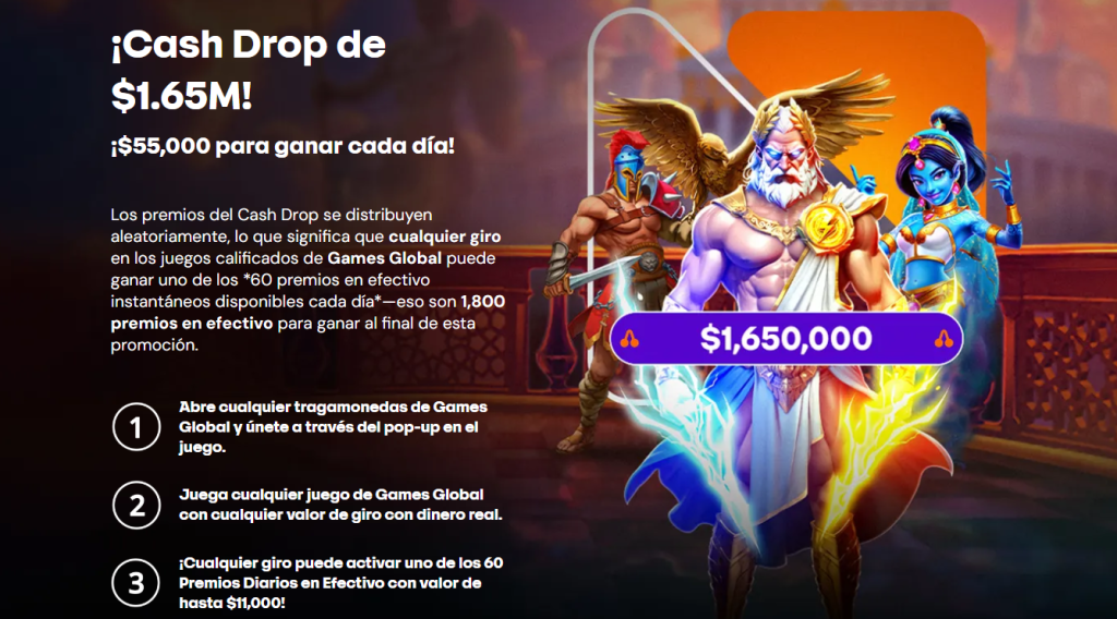Banner de la promoción Cash Drop en Betsson México con premios diarios de 55 mil pesos en slots de Games Global.