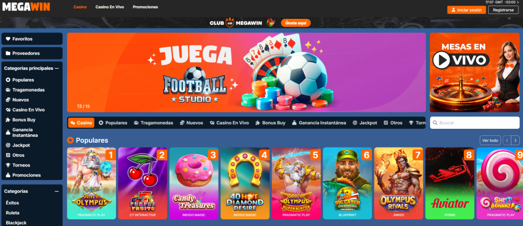 Pantalla con la selección de mejores slots y tragamonedas disponibles en MegaWin.