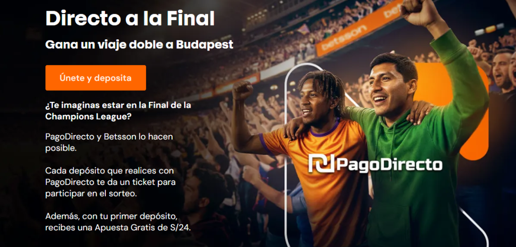 Banner de la promoción Directo a la Final con Betsson ofreciendo un viaje a la Champions League en Budapest.