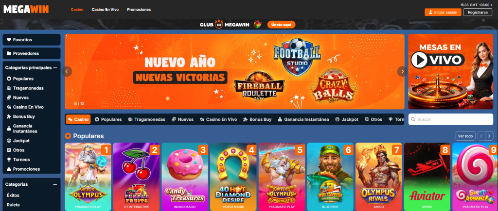 Pantalla de inicio de MegaWin Casino Chile con menú de casino y apuestas deportivas en pesos chilenos.