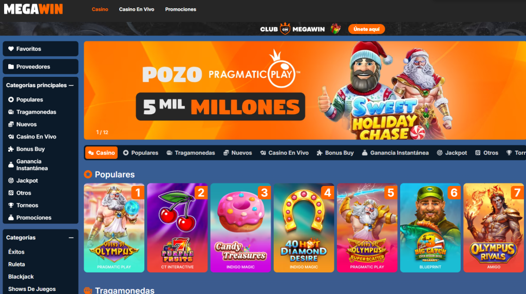 Banner del casino MegaWin Chile promocionando sus mejores slots y el bono de bienvenida.
