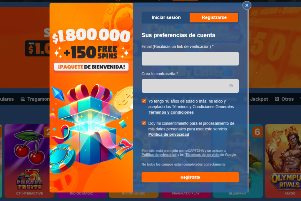 Formulario de registro en MegaWin Chile para crear una cuenta nueva y activar el bono.