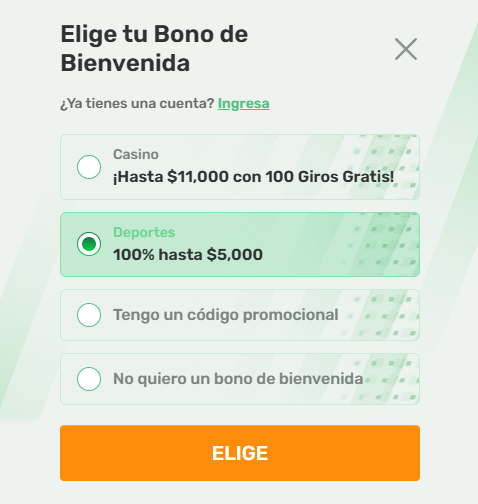 Formulario de registro en CampoBet México mostrando cómo seleccionar el bono de deportes y completar los datos personales.