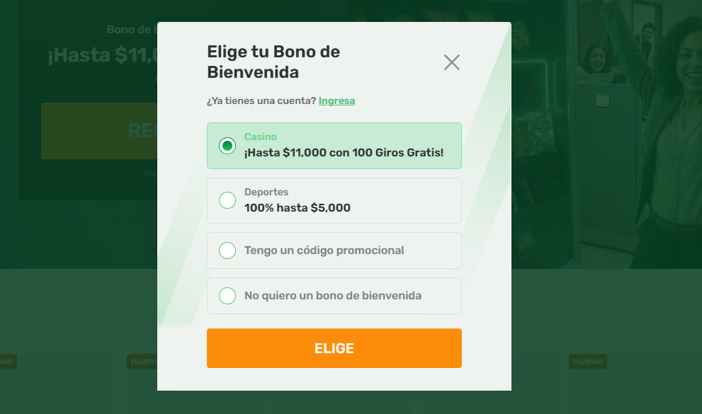 Formulario de registro en CampoBet destacando la opción para seleccionar el bono de casino de 11,000 pesos.