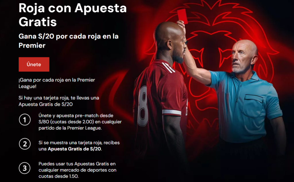 Árbitro sacando tarjeta roja en la Premier League con promoción de Betsafe Perú.
