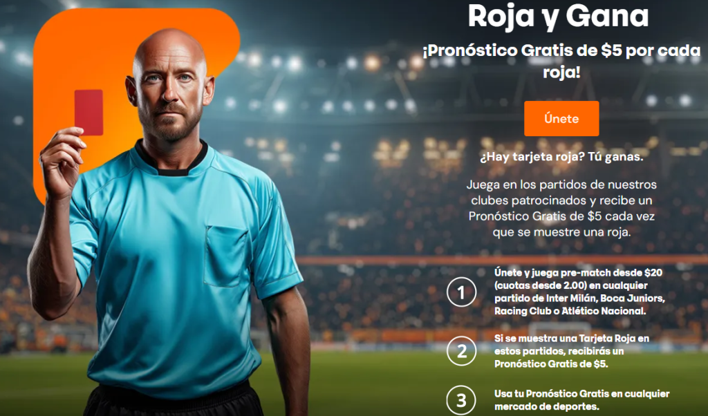 Árbitro mostrando tarjeta roja en promoción Roja y Gana en Betsson con equipos patrocinados.