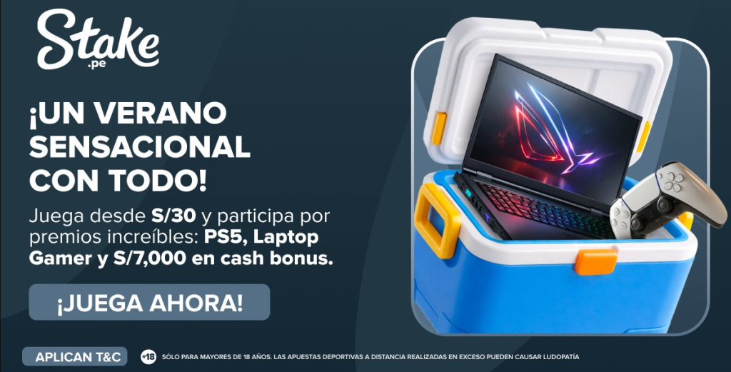 Banner de la promoción Verano Sensacional en Stake Perú con premios de PS5 y Laptop Gamer.