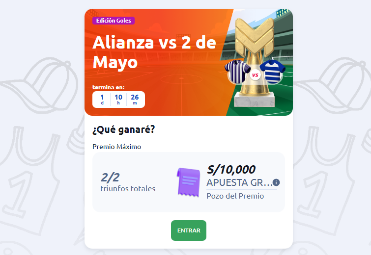 Promoción Edición Goles de Betano para el partido Alianza Lima vs 2 de Mayo con premio de 10 mil soles.