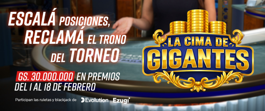Promoción La Cima de Gigantes en Solbet Paraguay con ruleta en vivo y pozo de 30 millones de guaraníes.