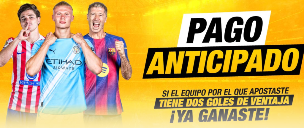 Jugadores celebrando un gol y gráfico de la promoción Pago Anticipado de DoradoBet Perú.