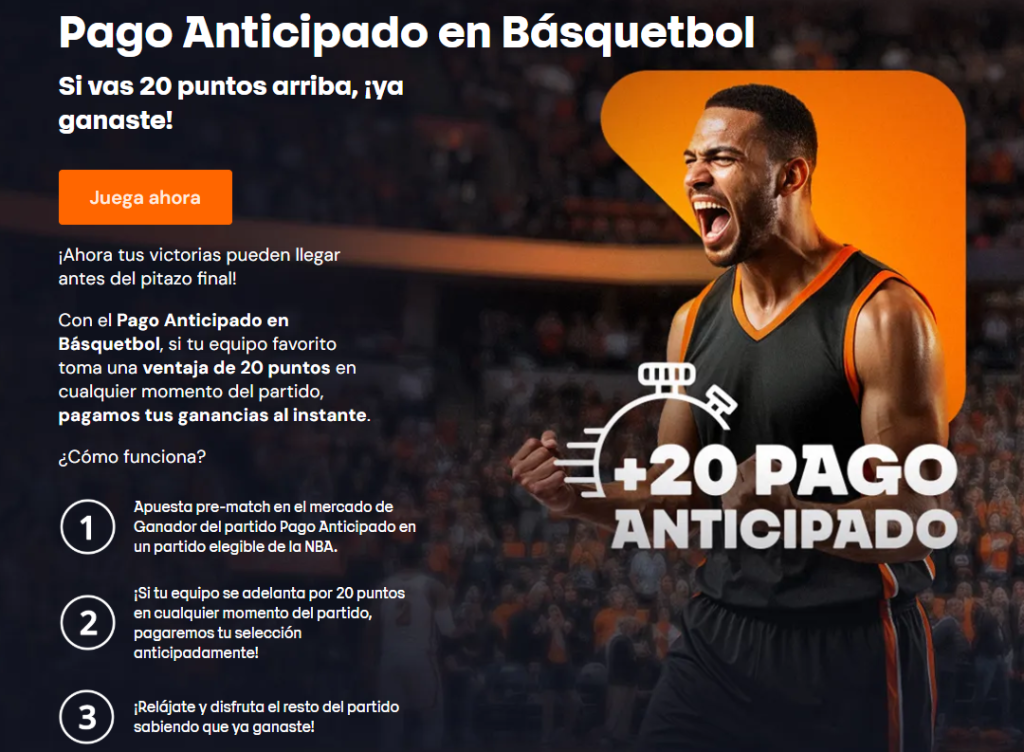 Jugador de baloncesto con gráfico de promoción de Pago Anticipado de 20 puntos en Betsson Perú.
