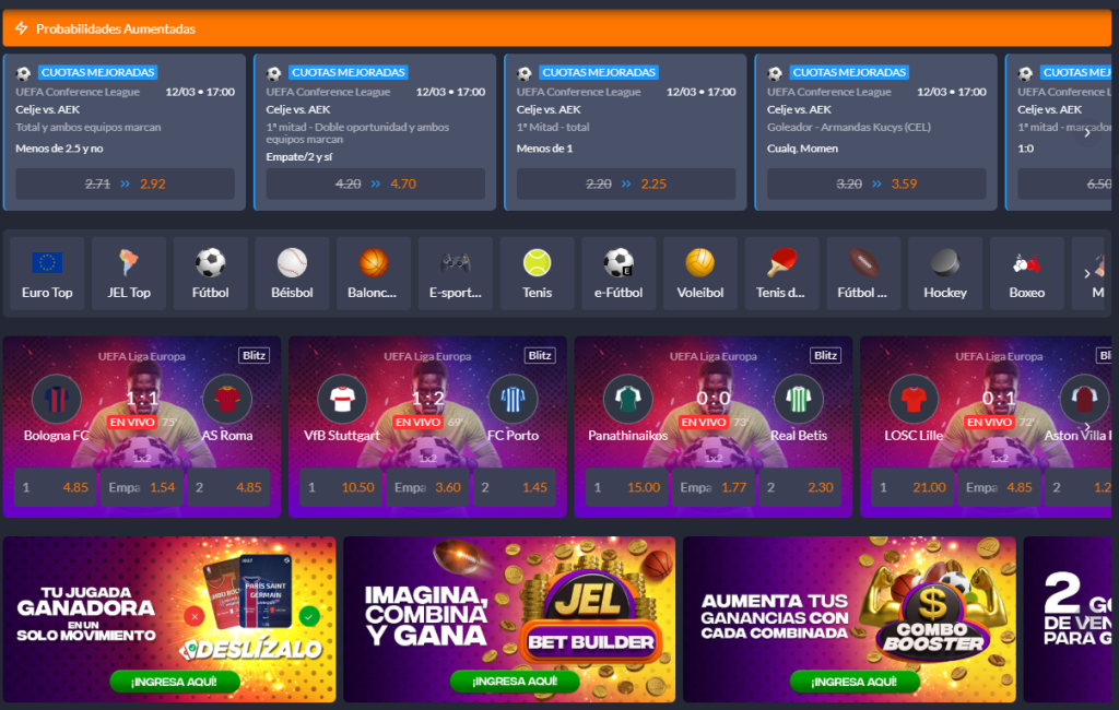 Sección de apuestas deportivas en vivo en JuegaEnLinea.