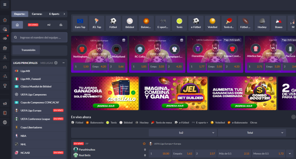 Plataforma de JuegaEnLinea mostrando cuotas y momios para la Liga MX y NFL.