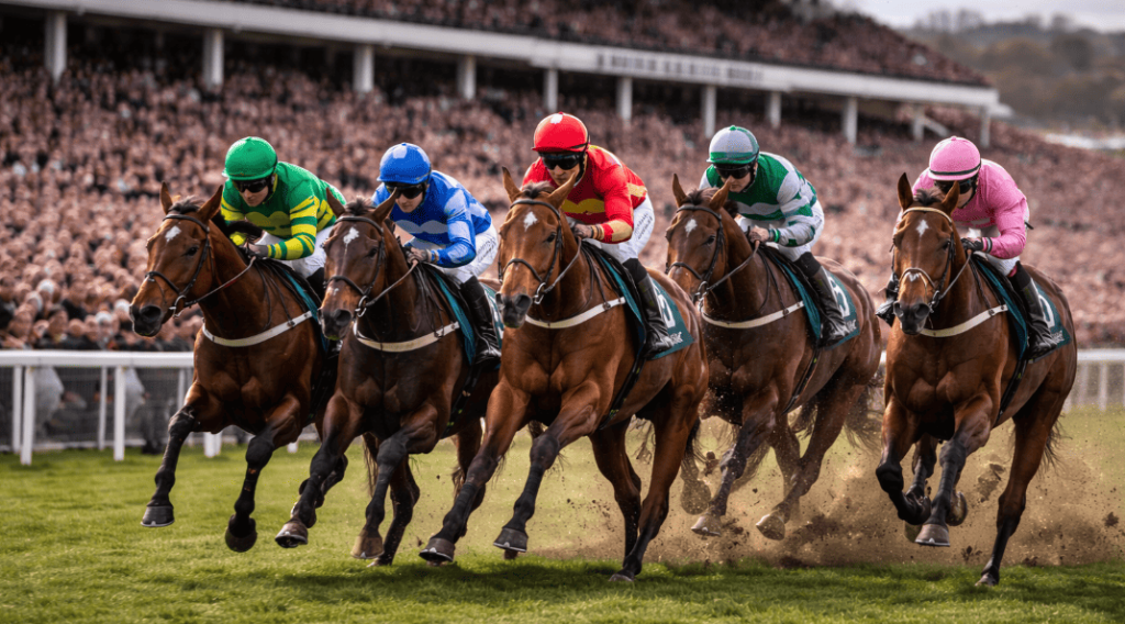 Racehorses and jockeys sprinting towards the finish line during an intense race at the Cheltenham Festival