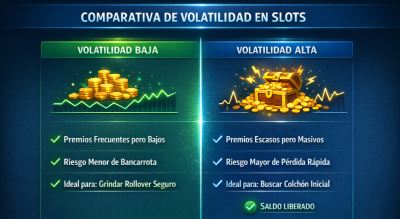 Gráfico comparativo que ilustra las diferencias de volatilidad en las tragaperras online. Muestra las características de la baja volatilidad (premios pequeños y frecuentes para grindar rollover) frente a la alta volatilidad (premios grandes pero escasos para buscar colchón inicial con bono sin depósito en tragaperras).