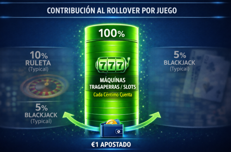 Infografía visual que resalta la ventaja de jugar bonos sin depósito en tragaperras. Muestra un gráfico de barras donde las tragaperras contribuyen el 100% al requisito de apuesta, comparado de forma genérica con la menor ponderación de otros juegos de casino como la ruleta o el blackjack.