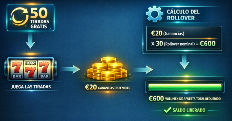 Infografía conceptual que muestra el proceso paso a paso para liberar un bono de giros gratis en tragaperras: desde la obtención de ganancias en los rodillos hasta el cálculo del volumen de apuesta requerido (rollover) para convertir el saldo en dinero retirable.