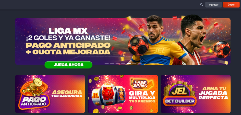 Interfaz principal de la plataforma JuegaEnLinea en México mostrando cuotas deportivas y juegos.