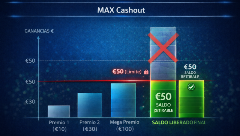 Diagrama que explica el funcionamiento del límite máximo de ganancias (Max Cashout) en los bonos de slots. Ilustra cómo el casino confisca las ganancias excedentes que superan el tope establecido en los términos y condiciones una vez completado el rollover.
