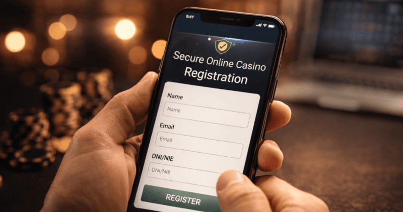 registro-verificacion-kyc-casino-online Smartphone mostrando formulario de registro y verificación DNI para casino online seguro en España