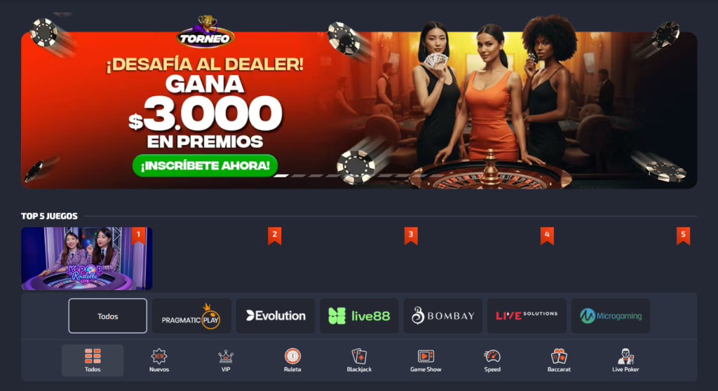Sección de casino en vivo de JuegaEnLinea con crupieres reales de Evolution Gaming.