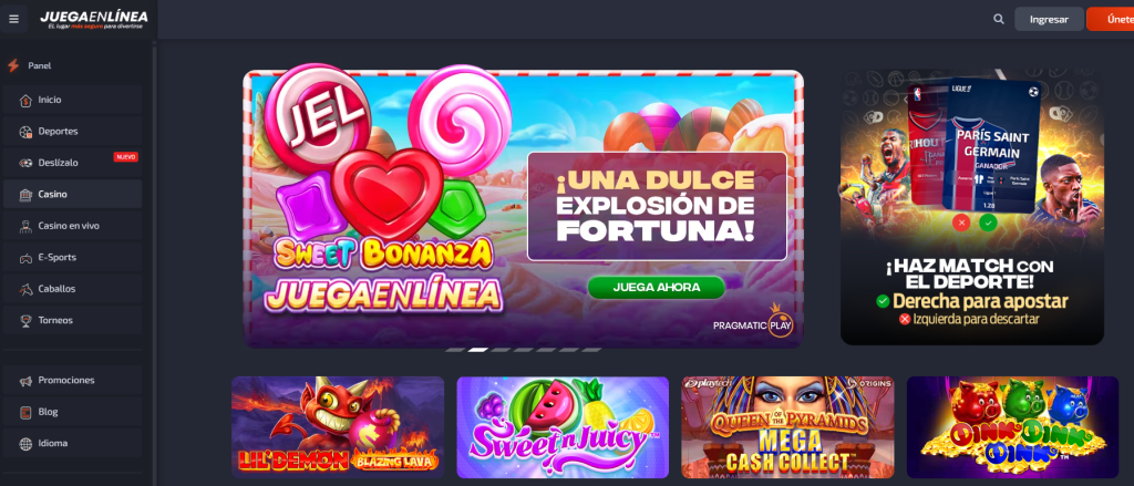 Lobby principal del casino JuegaEnLinea mostrando tragamonedas populares como Sweet Bonanza y juegos crash.