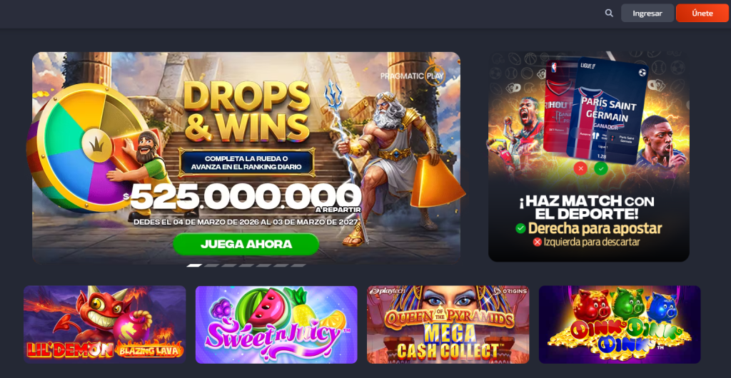 Lobby del casino JuegaEnLinea con tragamonedas de Pragmatic Play y mesas en vivo.