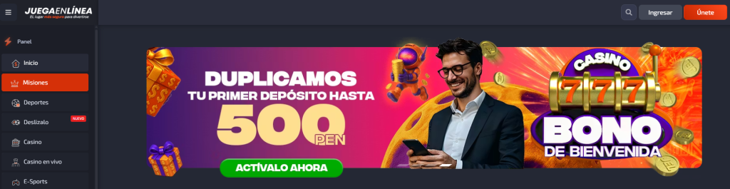Banner oficial del bono de bienvenida de S/500 en JuegaEnLinea Perú para apuestas deportivas y casino.
