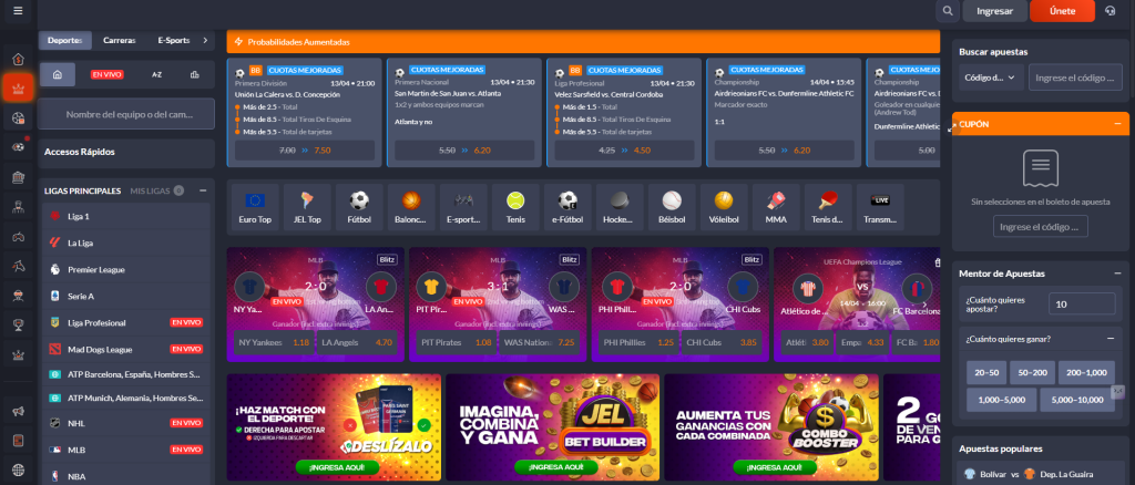 Interfaz de usuario mostrando los mercados de apuestas de la Liga 1 y herramientas en JuegaEnLinea.