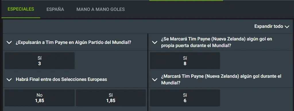 Codere Tim Payne cuotas especiales