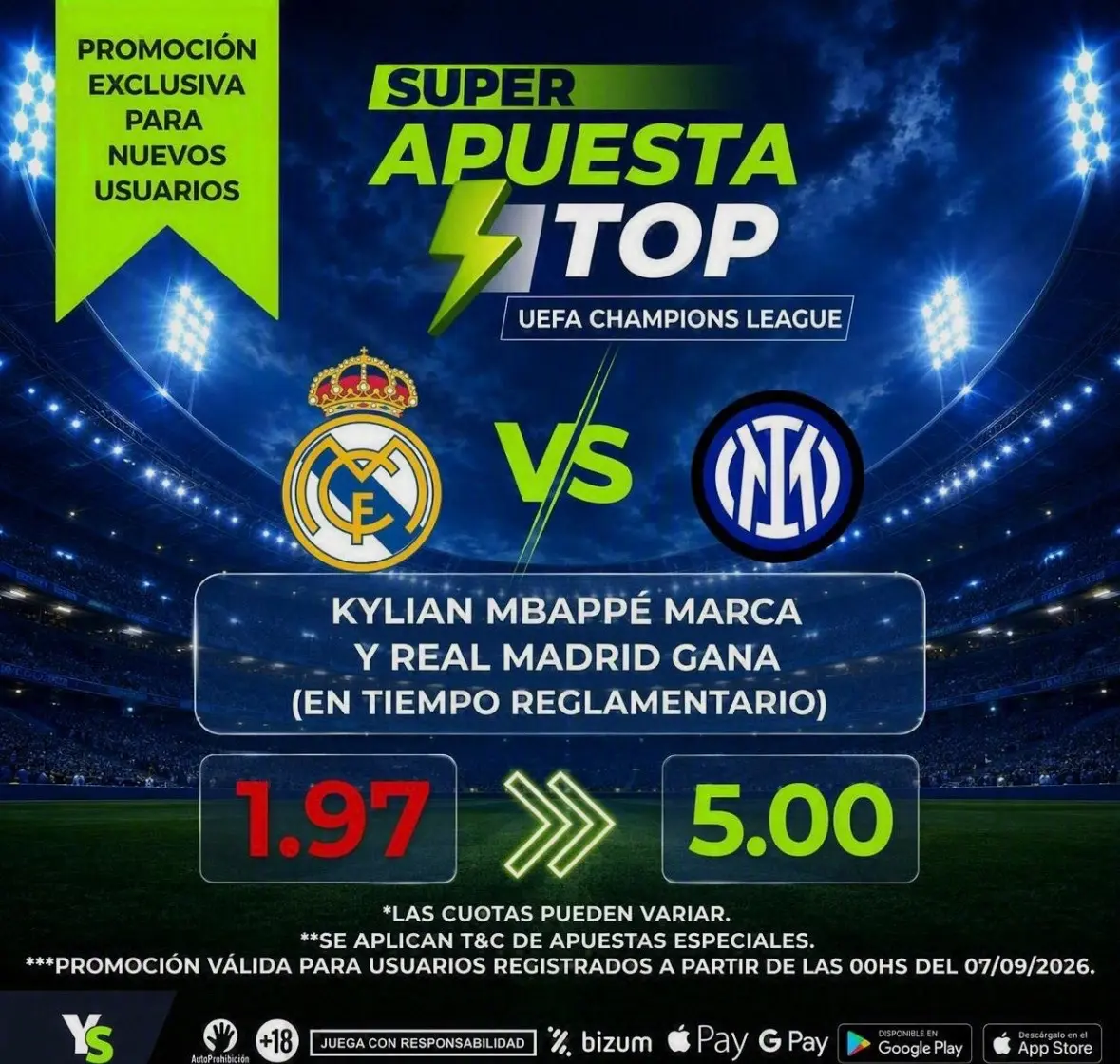 Real Madrid vs Inter: Mbappé + victoria blanca a cuota 5.00 en YoSports